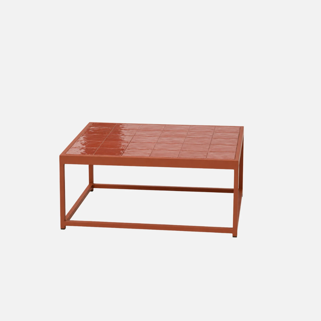 Cotto outdoor coffee table, slim linear frame, panelled top