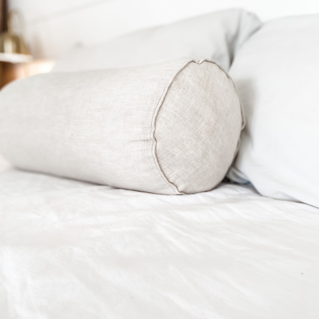 French flax linen feather filled bolster cushion in Natural Oat close-up of fabric