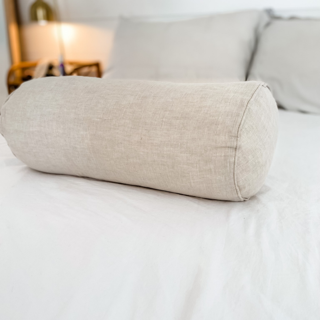 French flax linen feather filled bolster cushion in Natural Oat
