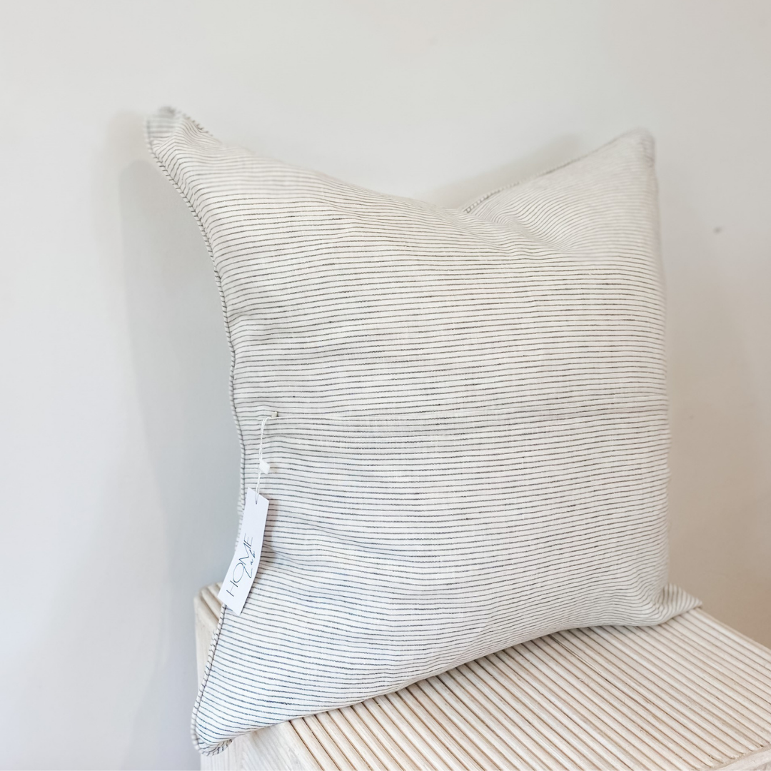 French flax linen feather filled cushion in Charcoal Pinstripe side view