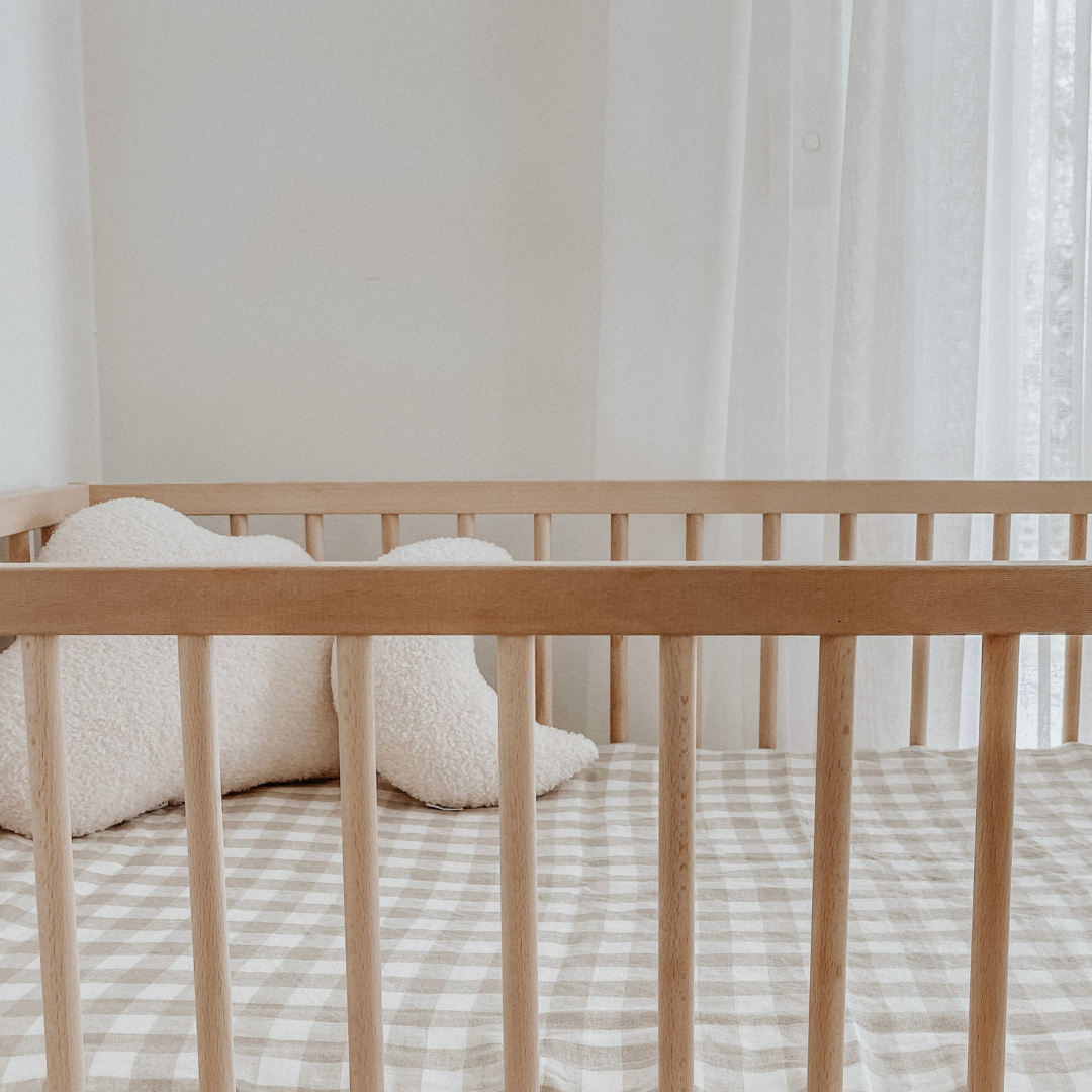 French flax linen fitted cot sheet in Natural Gingham