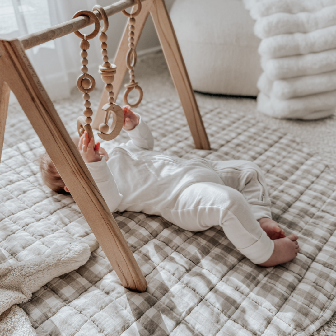 French flax linen playmat in Natural Gingham detail view