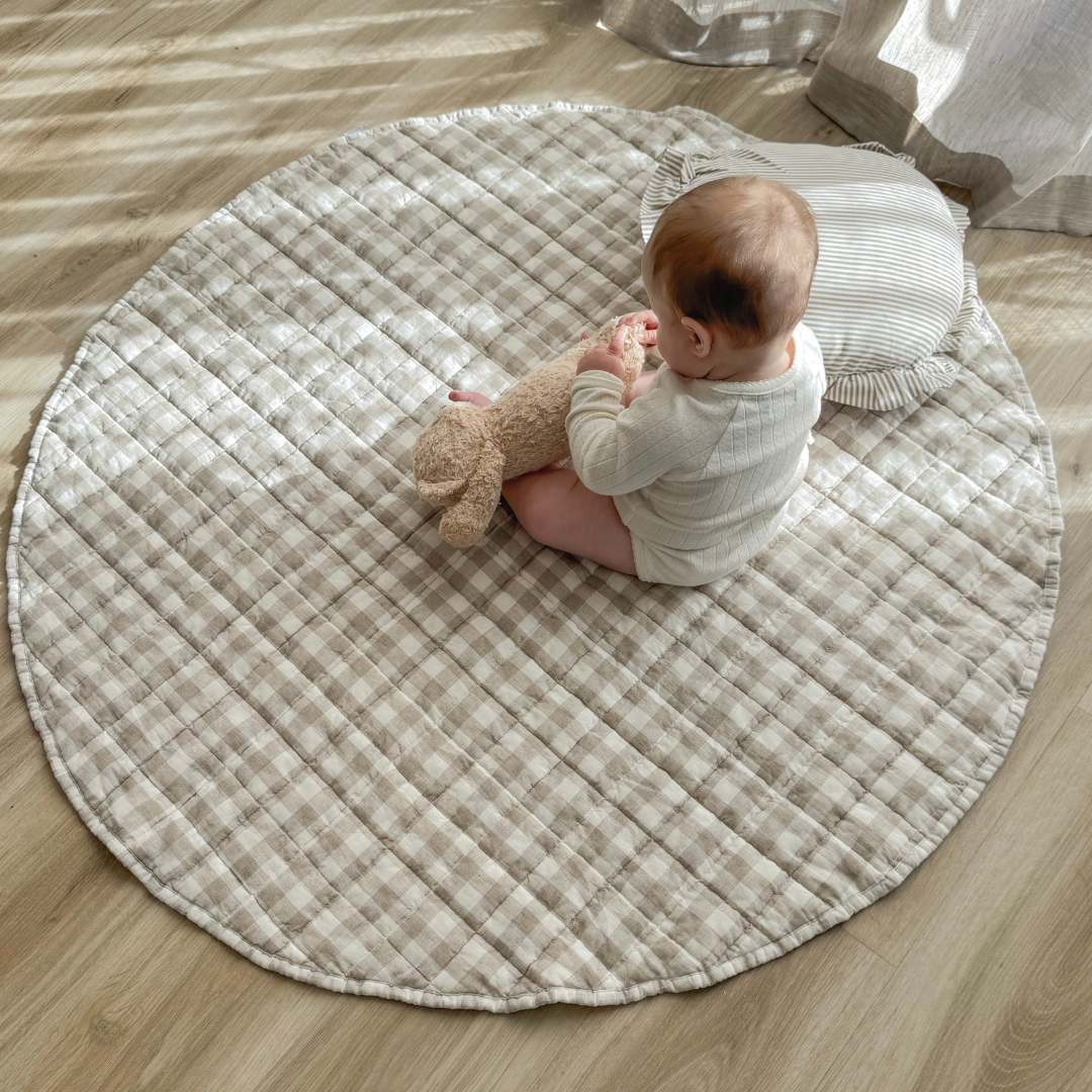 French flax linen playmat in Natural Gingham close-up of fabric
