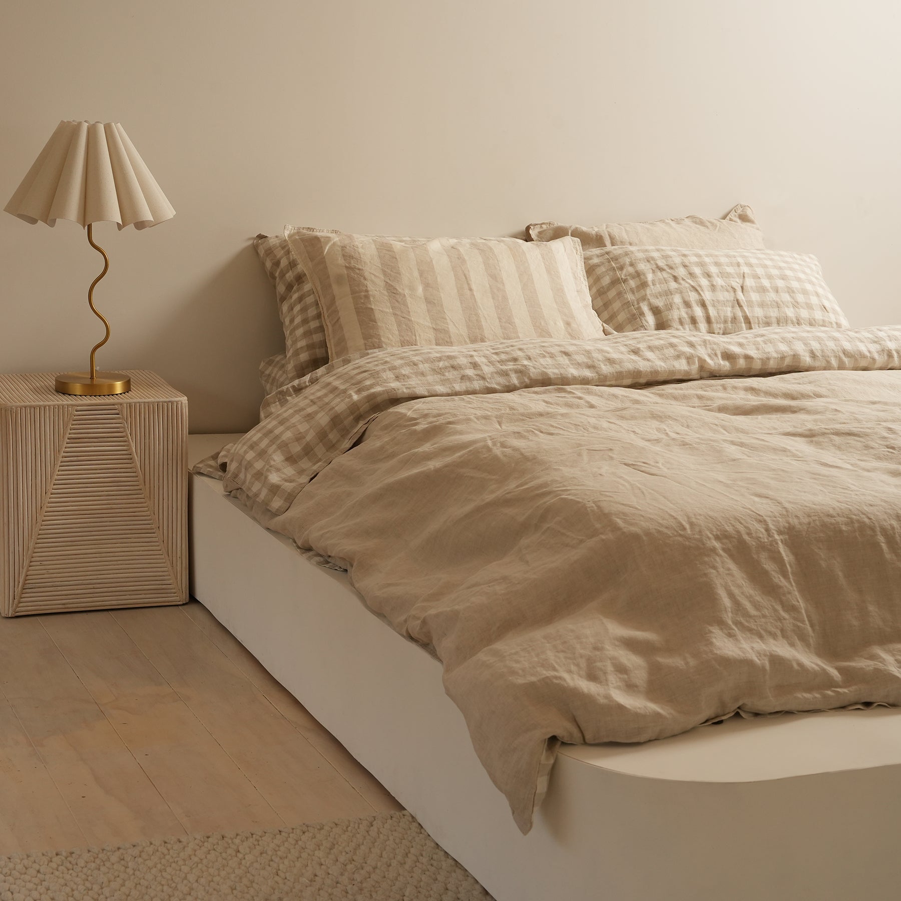 French flax linen reversible duvet cover set in Natural Gingham detail view