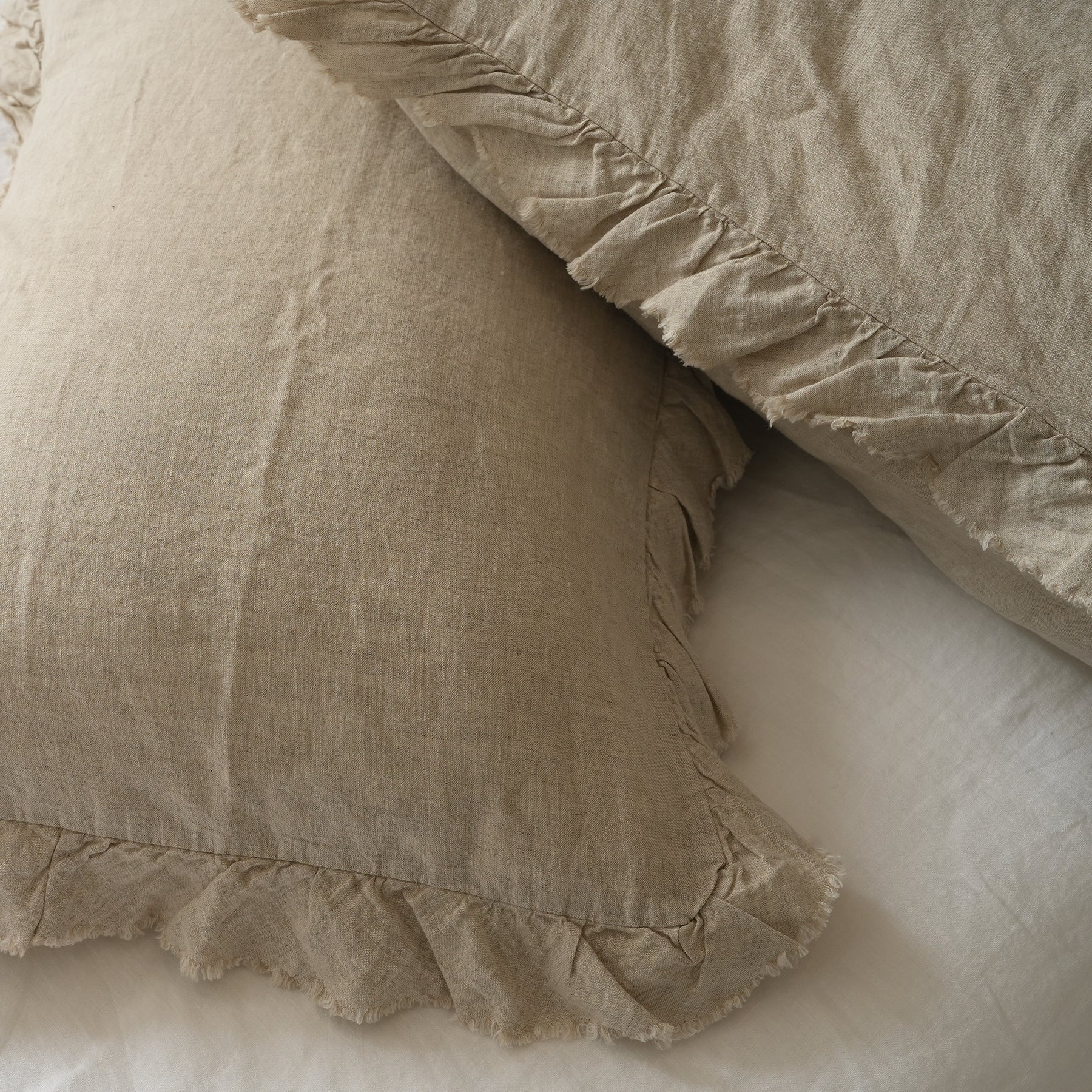 French flax linen ruffle edge pillowcase pair in Natural Oat side view