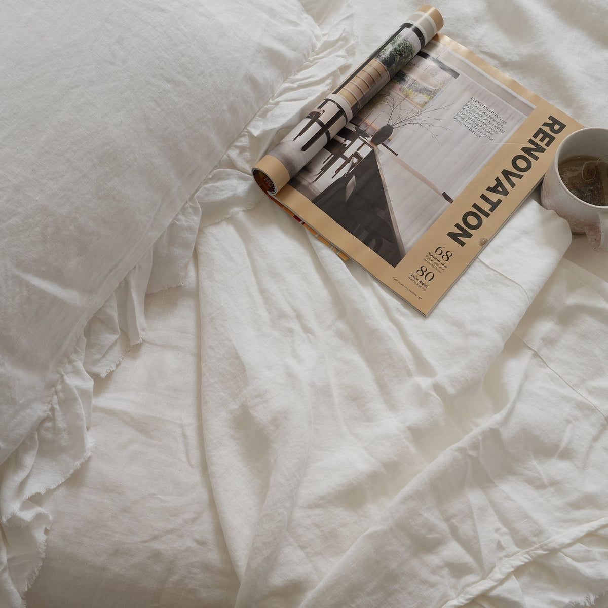 French flax linen ruffle edge sheet set in White