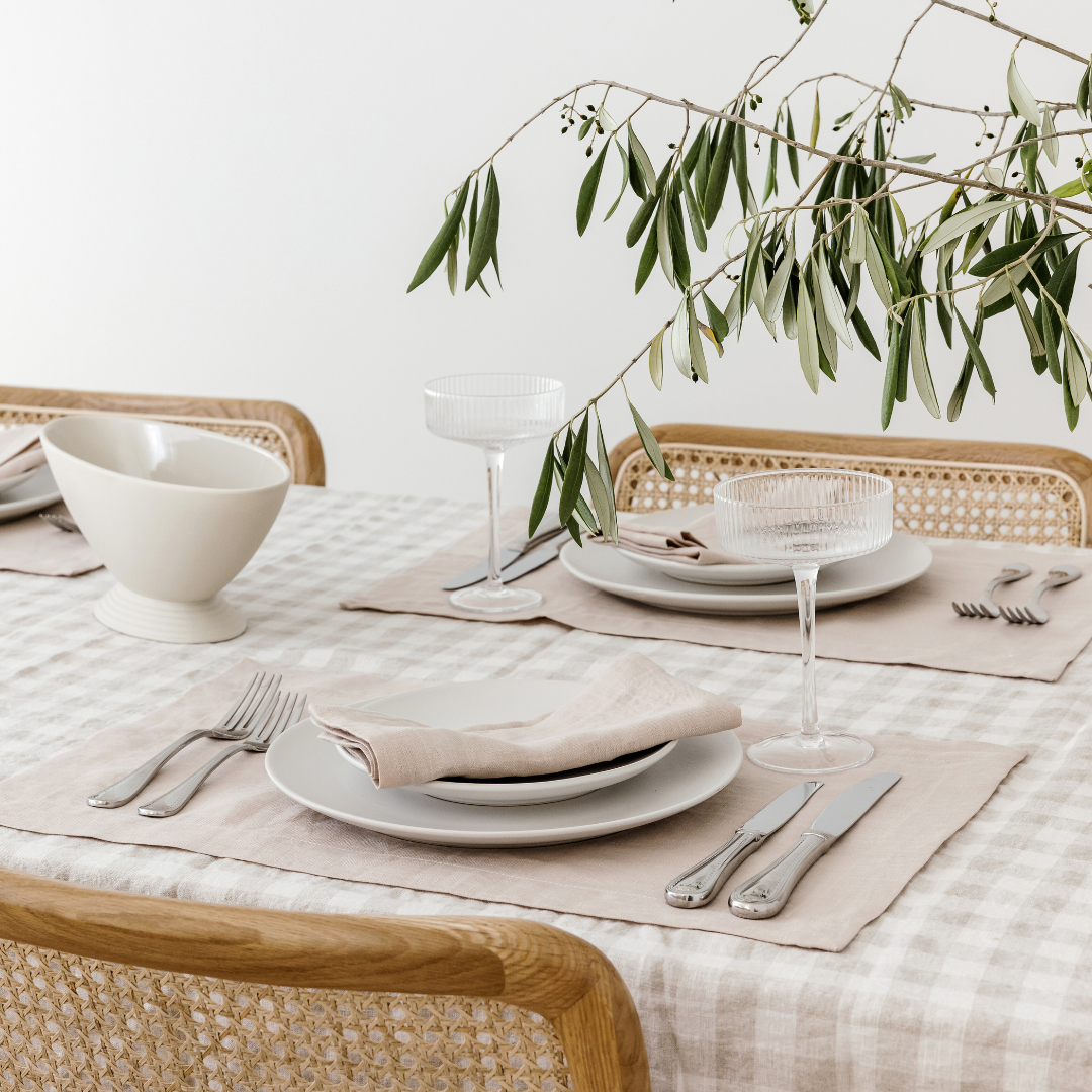 French flax linen tablecloth in Natural Gingham detail view