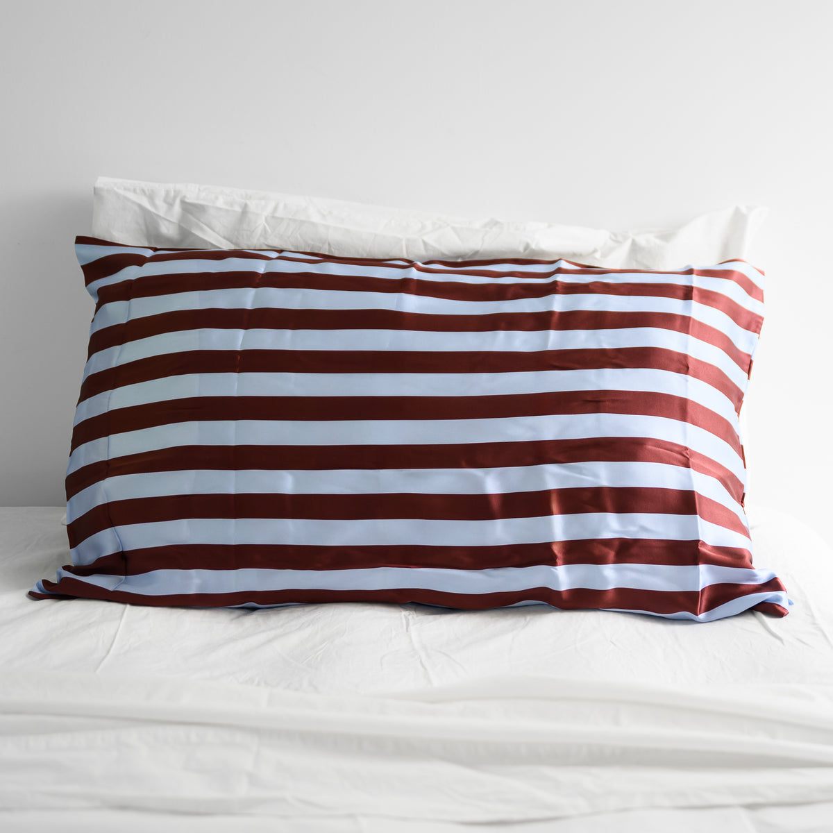 100% Pure Silk Pillowcase - Cocoa and Sky Blue Stripe