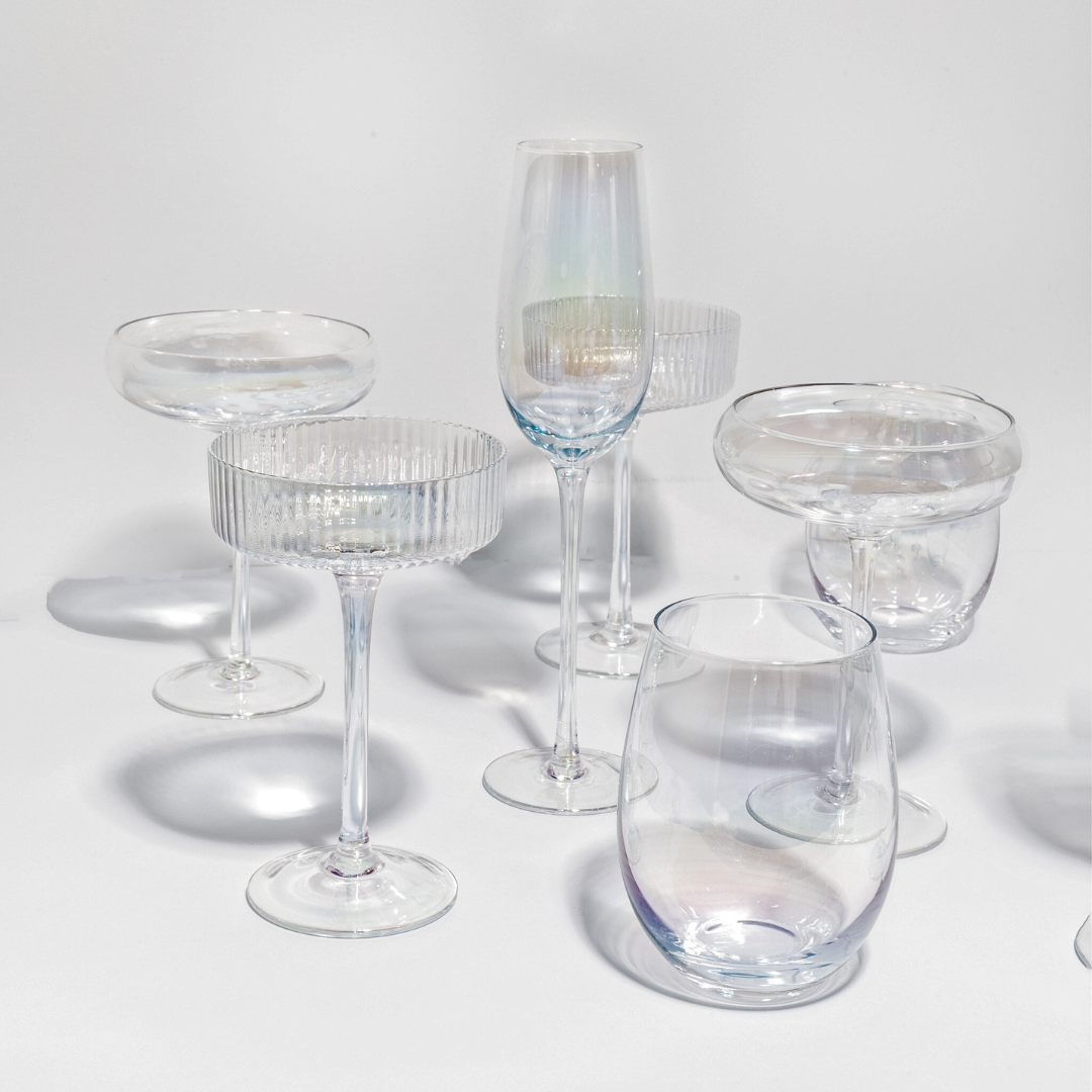 Iridescent cocktail coupe in set of 4, side view