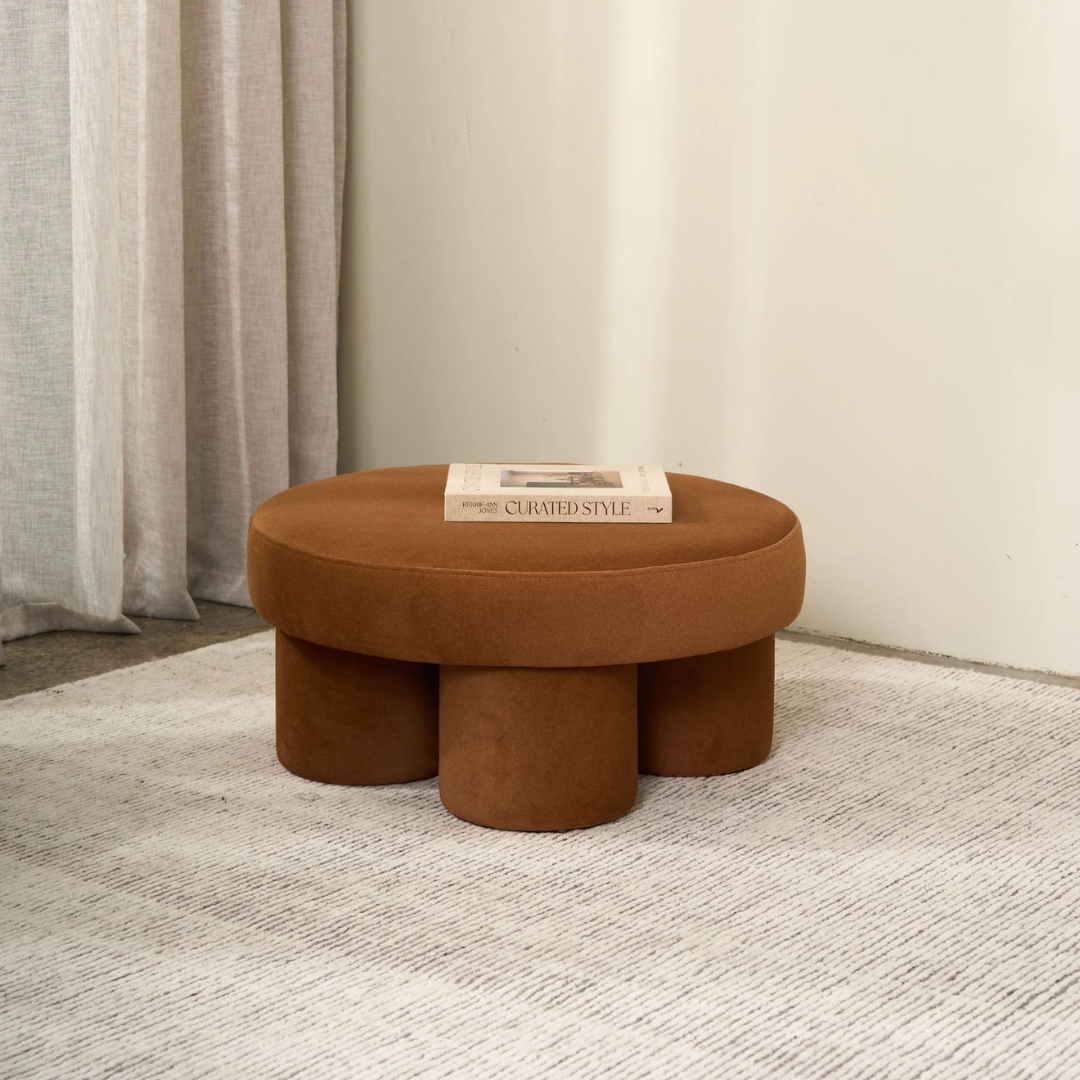 Lume ottoman in Walnut, velvet, bold rounded form