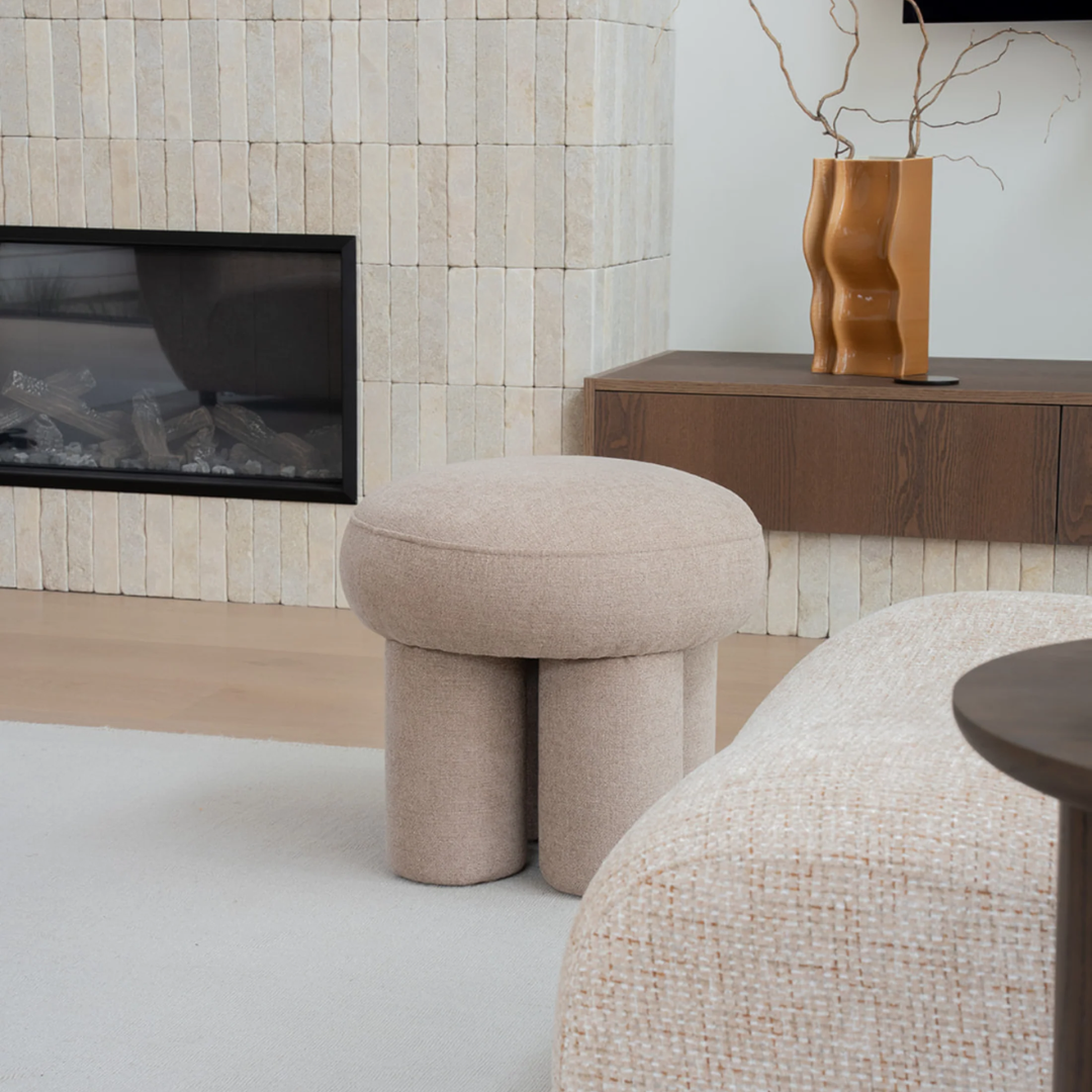 Lume stool in Camel, velvet, bold rounded form
