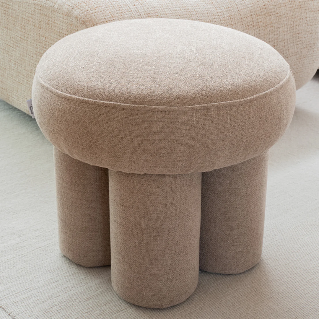 Lume stool in Camel, velvet, bold rounded form, detail view