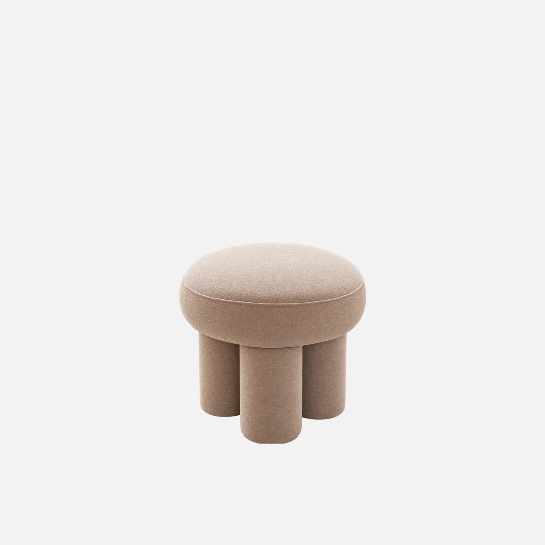 Lume stool in Camel, velvet, bold rounded form, side view