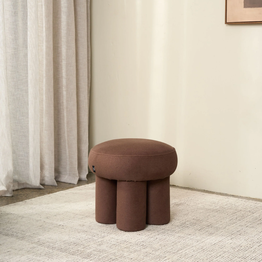 Lume stool in Chocolate, velvet, bold rounded form