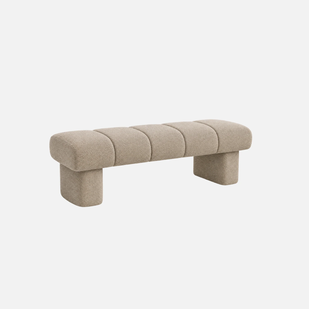 Lune bench in Sand, channel-padded seat, pill-shaped legs, 129 x 47 x 42.5cm
