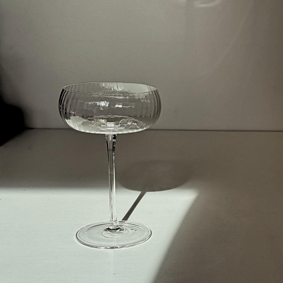 Melted crystal cocktail glass, rippled glass form, set of 4, detail view