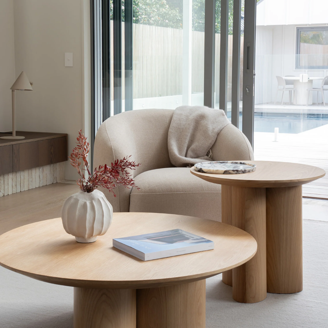 Nova side table in Natural oak veneer, softly rounded edges, 60cm dia x 55cm h, detail view