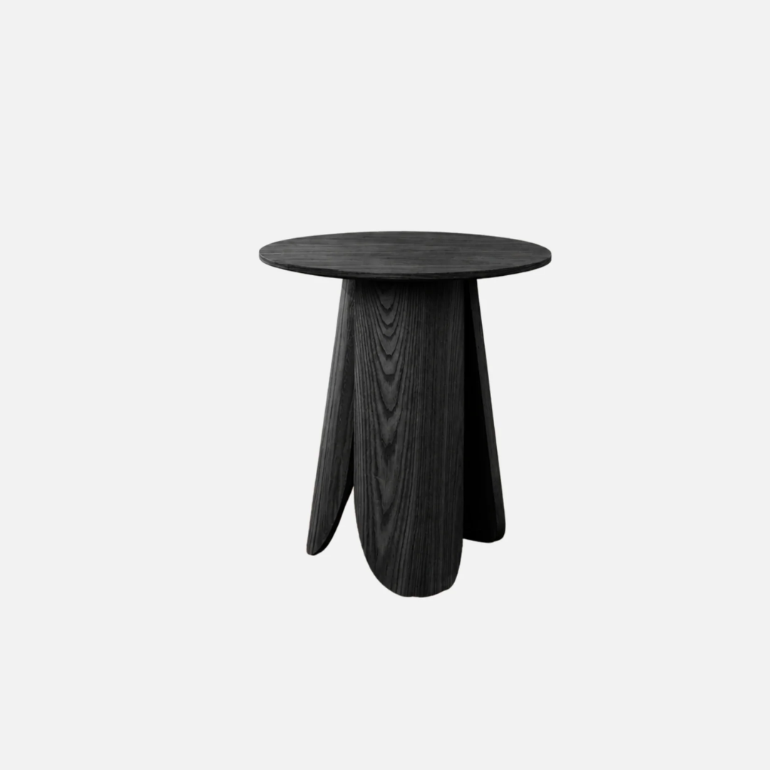 Otte side table in Black Ash, ash veneer, three-leg base, 50cm dia x 55cm h, detail view