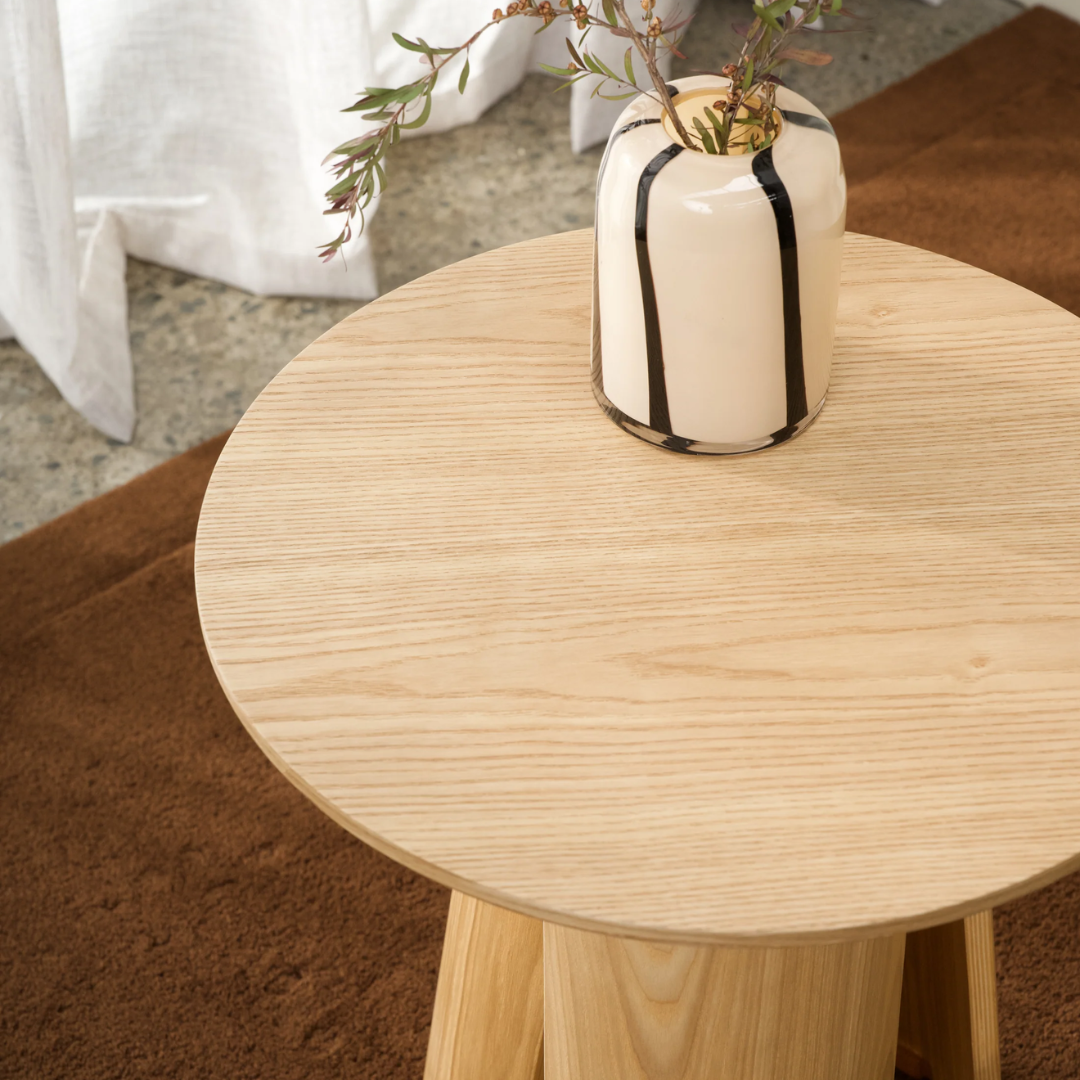 Otte side table in Natural Ash, ash veneer, three-leg base, 50cm dia x 55cm h, detail view