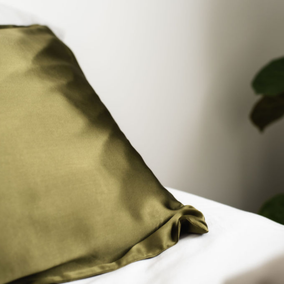 Pure silk pillowcase in Olive detail view