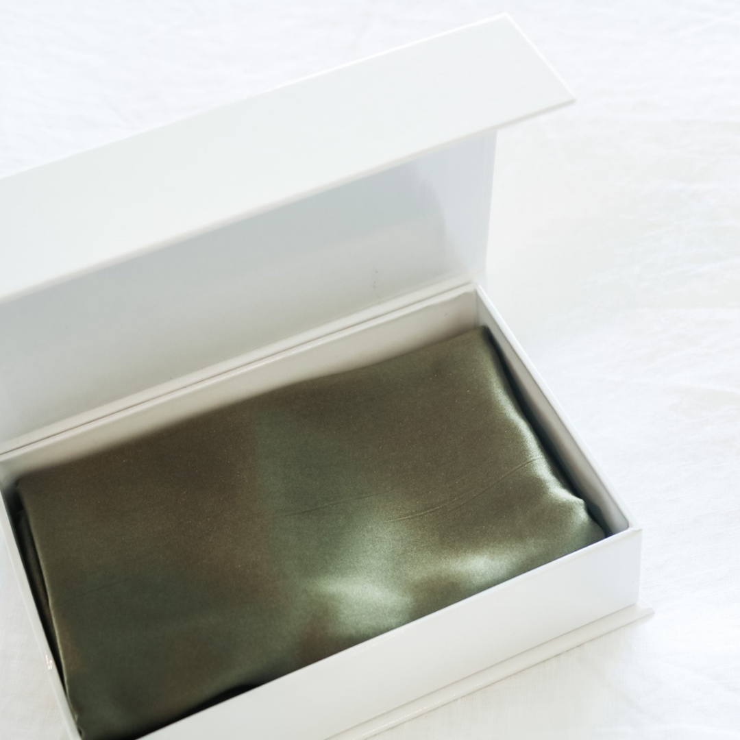 Pure silk pillowcase pair in Olive detail view