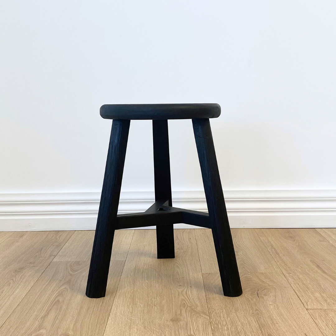 Reclaimed wooden tripod stool in black