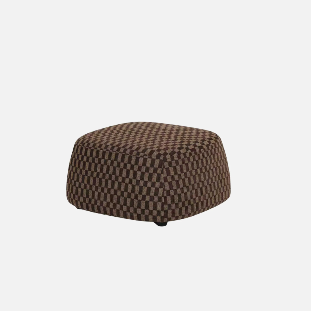Terry ottoman in Chocolate Check, rounded form, check upholstery, side view