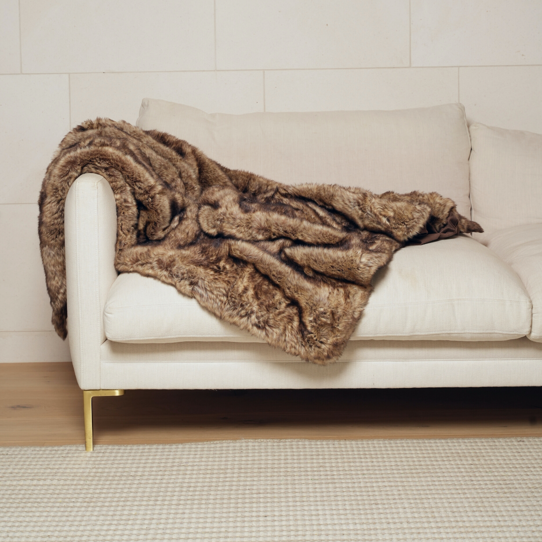 Vegan fur throw in Wolf close-up of fabric